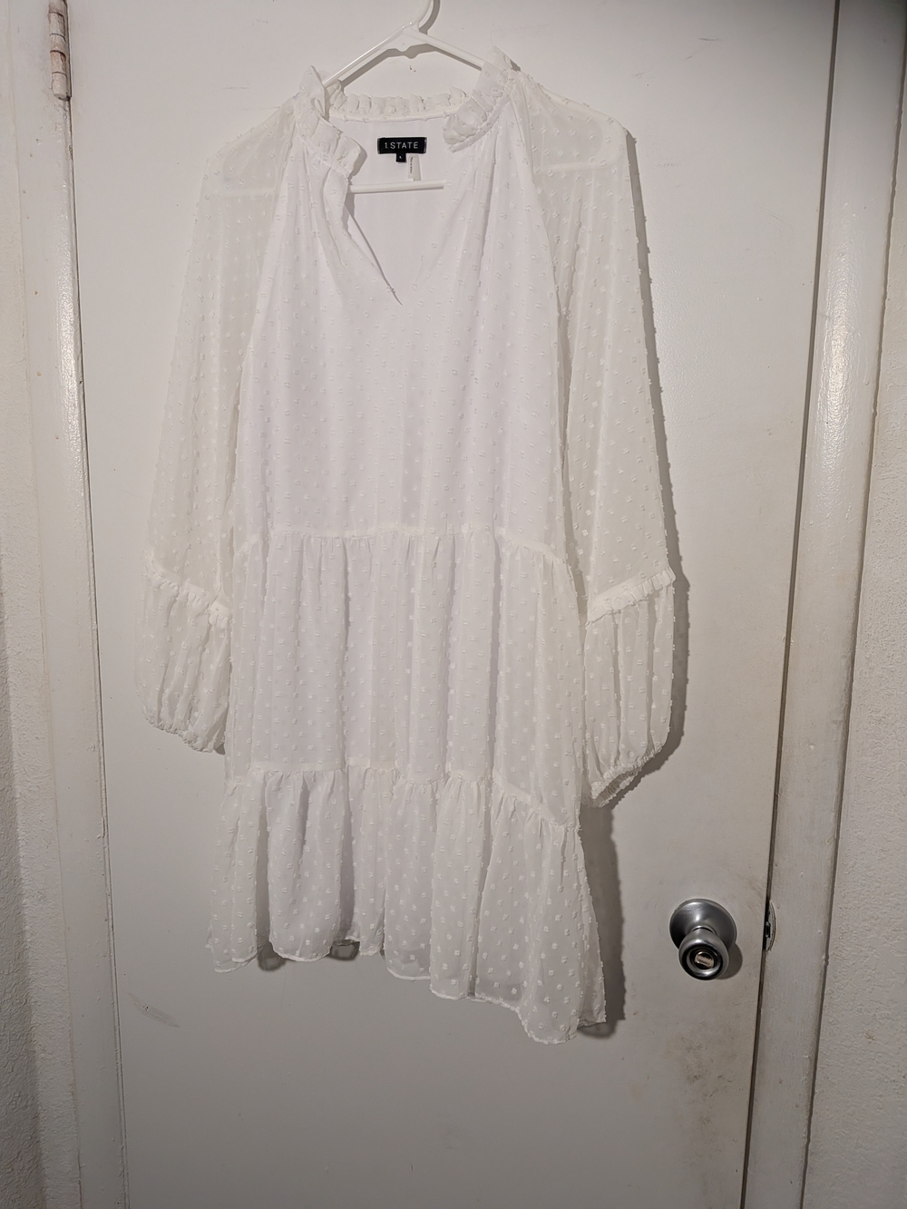 1. State White Swiss Dot Ruffle Tiered Long Sleeve Dress